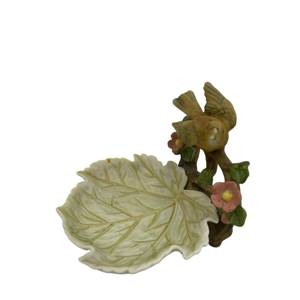 Vintage Ardalt Porcelain Bird on A Flowering Brand Leaf Trinket Dish Ring Holder